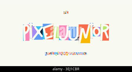 Pixel Junior Font Fun Kid Edtech Logo Cartoon Alphabet Vector English Letter Set Modern Typography, Creative Typographic Design for Education Title Stock Vector