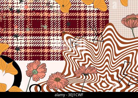 Abstract Y2K background in 2000s style. Collage of mismatched elemets with geometric shapes, stars, floral elements, grid paper. Dynamic effect grunge Stock Vector
