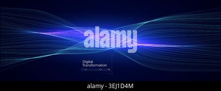 Neuro Science Research Abstract Digital Medical Transformation AI Neuronal Connection Waving Helix Lines Blue Neon Glowing Pathway. Innovate Neural Stock Vector