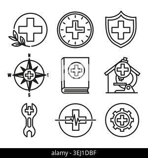 Multiple medical cross black vector icons feature diverse health symbols. Represents complete hospital care for patients. eps 10 Stock Vector