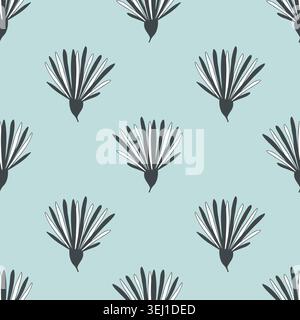 Minimalist floral seamless pattern with hand drawn daisy flower buds in dark grey and white on a light blue background for Scandinavian style home dec Stock Vector