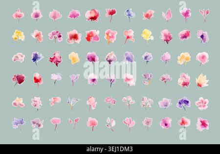 Set of watercolor different colored simple flowers . hand drawn. Not AI, Vector illustration Stock Vector