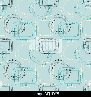Abstract overlapping linear circles, rounded squares, and beaded lines create an atomic age aesthetic. Ideal for commercial textile manufacturing, int Stock Vector