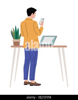 Man stands at desk with laptop, holding phone Stock Vector