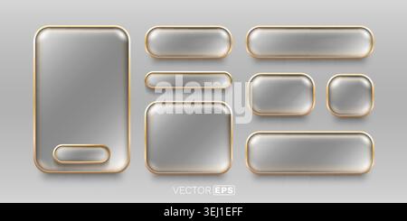 Elegant glossy glass buttons and frames with golden border set, ideal for modern web and app interface design. Vector illustration. Stock Vector