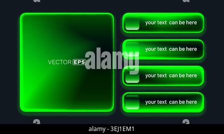 Neon green glowing frames and modern UI button set for contemporary web design and digital interfaces. Vector illustration. Stock Vector