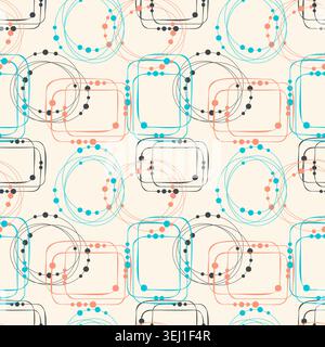 Retro mid-century seamless pattern with abstract linear geometric frames and dots in turquoise, peach and dark grey on a cream background for modern t Stock Vector