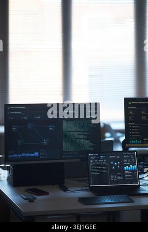Vertical shot of cybersecurity workstation displaying network analytics, code monitoring, data dashboard on multiple screens. Supporting IT operation, threat detection, enterprise technology marketing Stock Photo