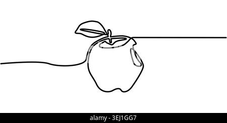 Continuous Line Drawing of a Single Bitten Apple with Leaf Stock Vector