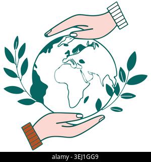 Sustainable Future: Hands Protecting Earth with Laurel Leaves Illustration Stock Vector