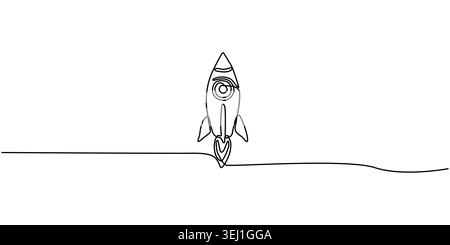 Project Launch: Continuous Line Rocket Ship Start-up Symbol Stock Vector