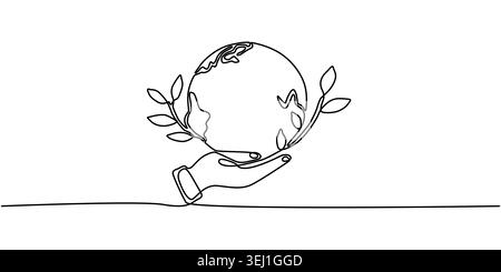 Environmental Stewardship: Continuous Line Hand Holding Earth Stock Vector