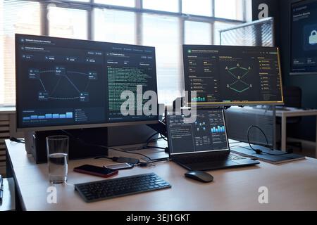 Wide shot of cybersecurity workstation displaying network monitoring dashboards, code streams, analytics across multiple screens. Supporting IT security, data protection, SOC marketing Stock Photo
