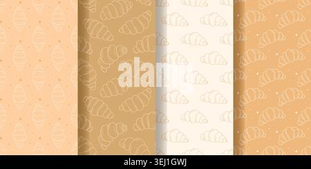 Hand drawn croissant seamless pattern set. Traditional French breakfast pastries. Collection of prints featuring fluffy fresh buns, vector graphics Stock Vector