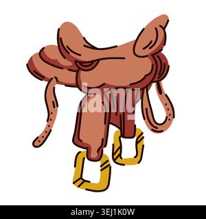 Stylized cowboy saddle from the wild west, leather horse saddle with metal details for touring Stock Vector