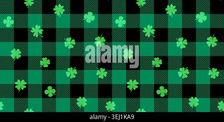 Green and black buffalo check and four leaf clover seamless vector pattern for backgrounds for St. Patrick’s Day, wrapping paper and textile design Stock Vector