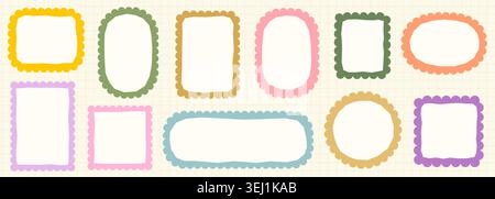 Cute pastel color scallop vector frames set, Rounded scalloped edge label, badge shapes for scrapbooking and journaling, Graphic design elements Stock Vector