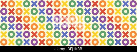Rainbow XOXO hugs and kisses seamless vector pattern, Colorful LGBTQ pride geometric background with cross and circle symbols Stock Vector
