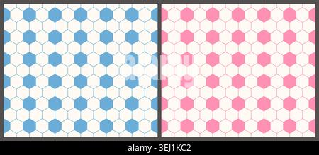 Pink and blue hexagon seamless vector patterns set, Cute soccer ball geometric surface design for baby shower invitations Stock Vector