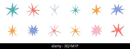 Star crayon set for kids isolated on white background. Colorful wax crayons for drawing, creativity, school education. Cute art supplies for children, preschool and kindergarten. Vector illustration Stock Vector
