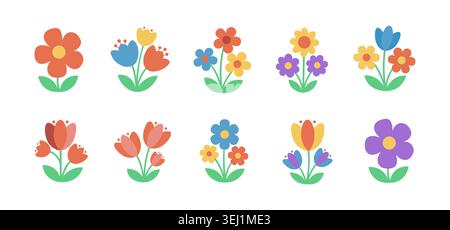 Flower spring vector flat cartoon icon set. Floral plant garden spring abstract flower element simple isolated icon collection Stock Vector