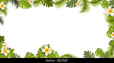 Tropical jungle leaf frame background. Exotic palm monstera foliage plumeria flowers elegant summer botanical border vacation template Stock Vector
