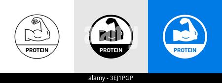 Gym biceps protein strong arm. Protein power muscular flex vector training symbol icon Stock Vector