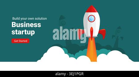 Rocket business launch startup illustration. Space ship rocket launch creative flat cartoon idea concept background. Stock Vector