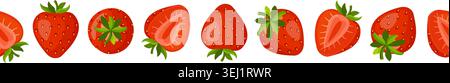 Seamless horizontal strawberry border with whole berries and halves isolated on white. Minimalist flat vector ribbon pattern for food packaging, menu Stock Vector