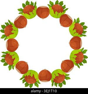 Hazelnut vector wreath with whole nuts in shells and green leafy husks. Circular border frame template with copy space for organic food packaging and Stock Vector