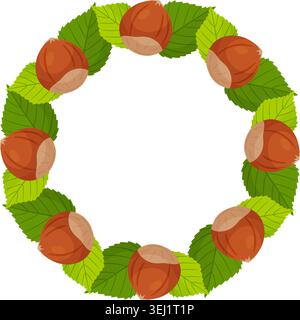 Hazelnut vector wreath with whole nuts in shells and green autumn leaves. Circular border frame template with copy space for organic food packaging and confectionery branding. Stock Vector
