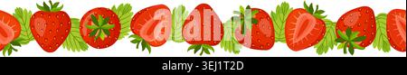 Seamless horizontal strawberry border with whole berries, halves, and green leaves. Flat vector illustration of summer red fruit ribbon pattern for food packaging, menus, and textiles. Stock Vector