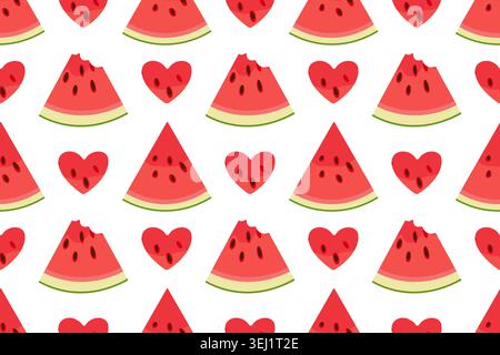 Cute seamless pattern with red watermelon slices, bitten pieces, and small hearts with seeds. Sweet summer fruit vector repeat texture for kids apparel, fabrics, and romantic decor. Stock Vector