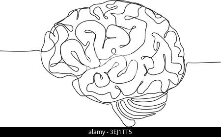 A minimalist continuous line drawing of a human brain on a white background, showcasing simplicity and abstract art. Stock Vector