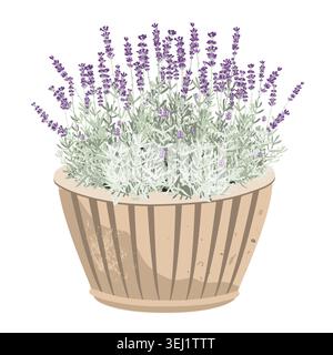 Terracotta bucket tin with lavender flowers, perfect for romantic, spring or flower shop designs Stock Vector