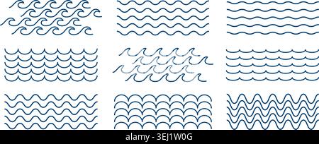 Set of blue wavy lines isolated on white background. Wiggly ornament. Sea or ocean water texture. Simple summer print. Vector flat illustration. Stock Vector