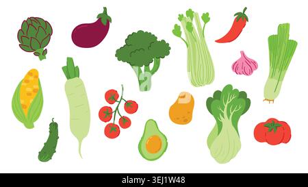 Set of hand drawn ripe vegetables isolated on white background. Broccoli, eggplant, celery, garlic, leek, tomato, corn, daikon, cucumber, avocado, bok choy, artichoke, pepper, potato Stock Vector