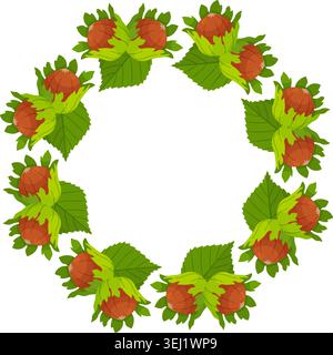 Hazelnut vector wreaths with whole nuts in shells, green leaves, and leafy husks. Circular border frame with copy space for organic food packaging and chocolate branding. Stock Vector