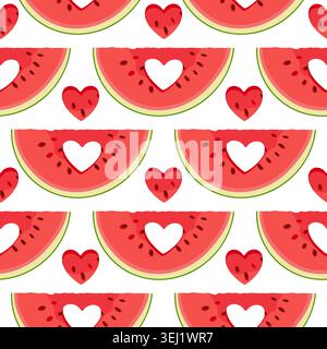Cute seamless pattern, red watermelon slices featuring heart shaped cutouts and small watermelon hearts. Sweet summer fruit vector repeat texture for kids apparel, fabrics, valentines day decor. Stock Vector
