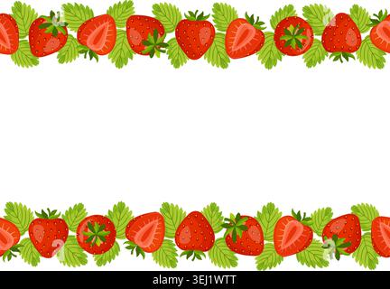 Seamless horizontal strawberry frame with top and bottom borders decorated with red berries and green leaves. Flat vector template for summer food packaging, organic menus, and recipe books. Stock Vector