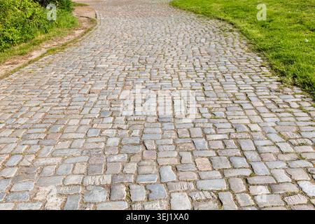 Cobblestone road in a park with green grass on the sides Stock Photo