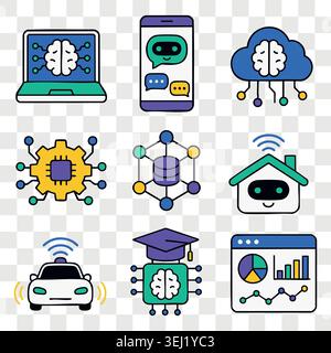Futuristic ai technology and smart home icons set with autonomous cars, digital brains, neural networks and smart systems for modern internet of thing Stock Vector