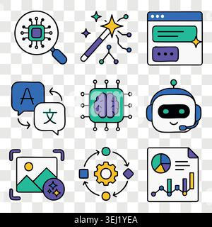 Artificial intelligence and brain tech vector icons set with neural networks, smart robots and machine learning concepts for digital systems and moder Stock Vector