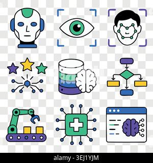 Smart assistant and robotics vector icons set with digital technology, neural networks, online medical support, automation systems and cloud database Stock Vector