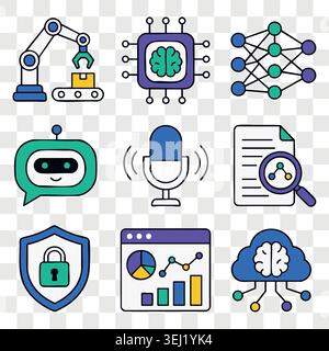 Robotics and cyber security technology icons set with neural networks, smart assistance, data encryption and robotic arms for industrial automation an Stock Vector