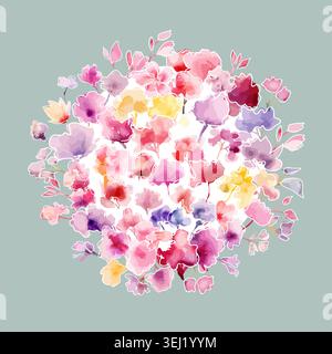 Round object with watercolor flowers. Greenery and red flowers, Round banner, watercolor tiny floral elements . Hand drawn. Not AI, vector Stock Vector