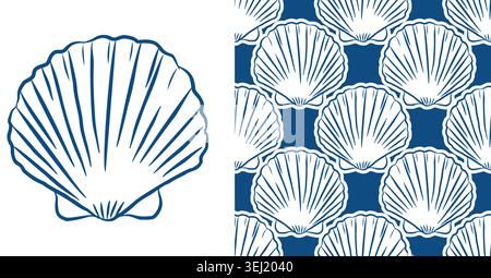 Set of scallop seashell icon and seamless wave pattern in blue and white. Indigo blue scallop clam line art. Elegant Mediterranean doodle style, for nautical textiles, bedding, and summer branding. Stock Vector