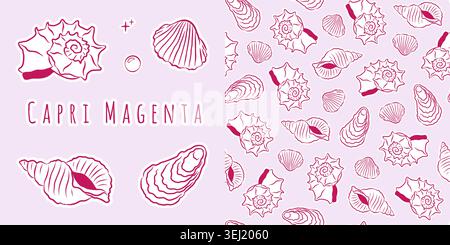 Set of Mediterranean doodle seashells and seamless pattern in vibrant Capri Magenta palette. Chic line art vector, perfect for summer dresses, tablecloths, resort wear, and party decor. Stock Vector