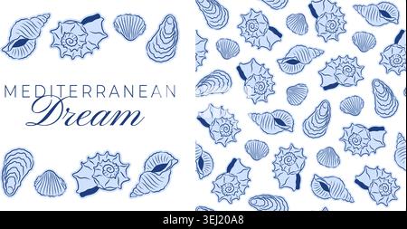 Set with Mediterranean doodle seashells and seamless pattern in classic blue and white palette. Chic line art vector with elegant typography, perfect for luxury resort wear, apparel, and summer decor. Stock Vector