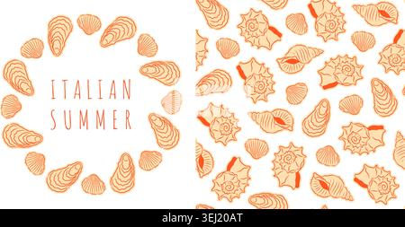 Set with elegant seashell wreath and seamless pattern in vibrant orange coral palette. Chic Mediterranean doodle line art vector, perfect for summer d Stock Vector